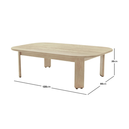 Elani 5-Seater Acacia Hardwood Outdoor Sofa Set featuring a low, rectangular wooden coffee table with softly rounded corners, measuring 120cm by 80cm, height 35cm, perfect for alfresco lounging.