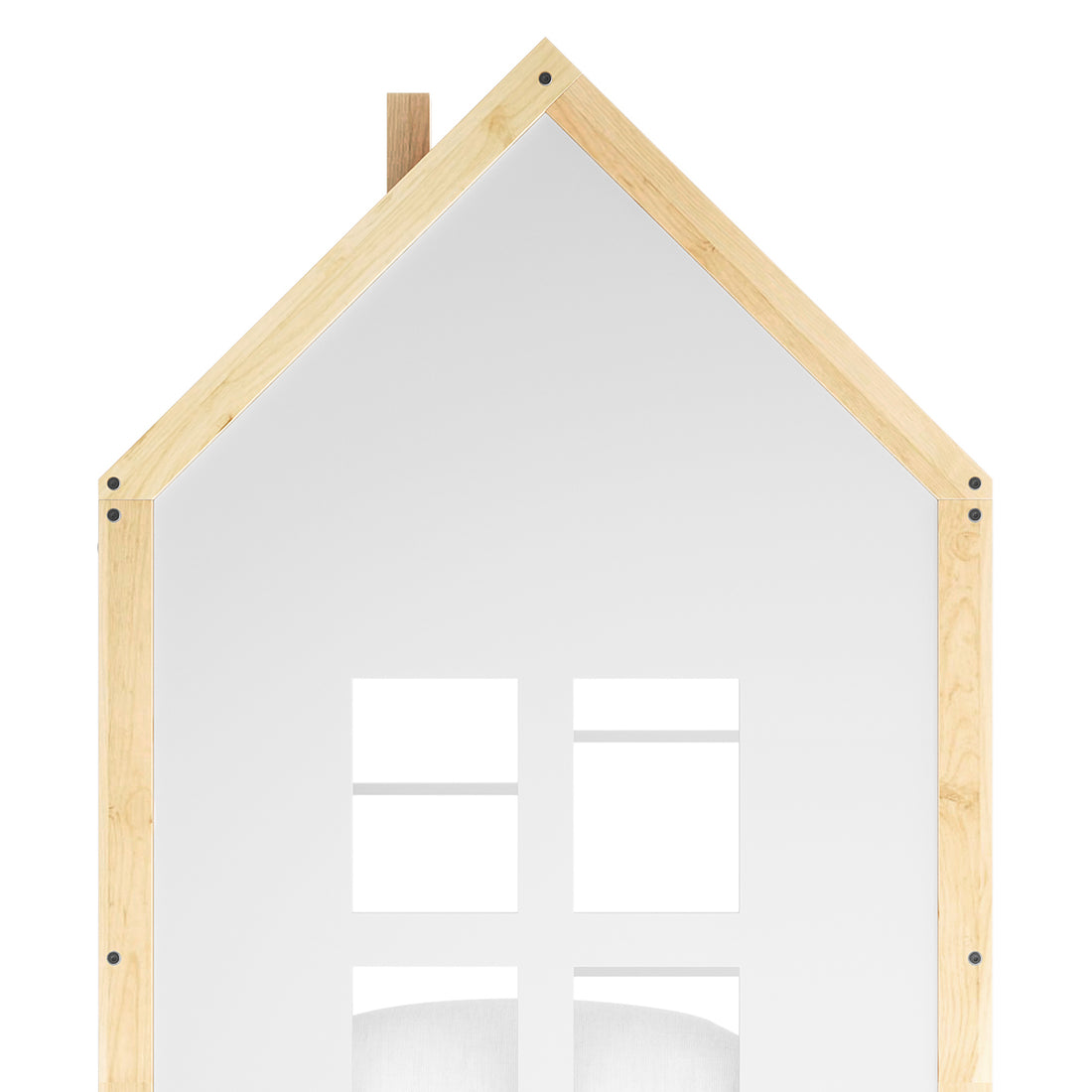 Haron Single Cubby House Bed Storage in White & Natural features a house-shaped light wood frame with a four-pane window-style panel, ideal for a child's room as a playful headboard or accent piece.