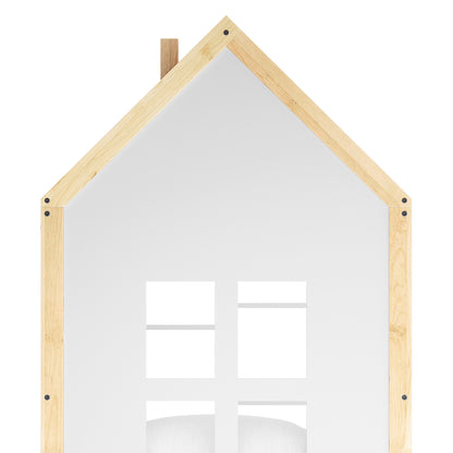 Haron Single Cubby House Bed Storage in White & Natural features a house-shaped light wood frame with a four-pane window-style panel, ideal for a child's room as a playful headboard or accent piece.