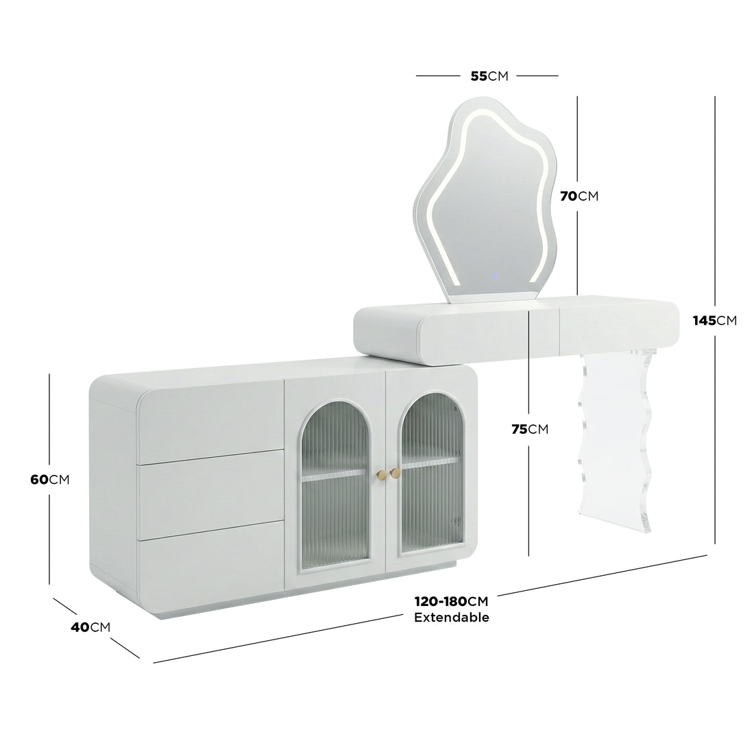 Modern white vanity with dimension annotations on white background