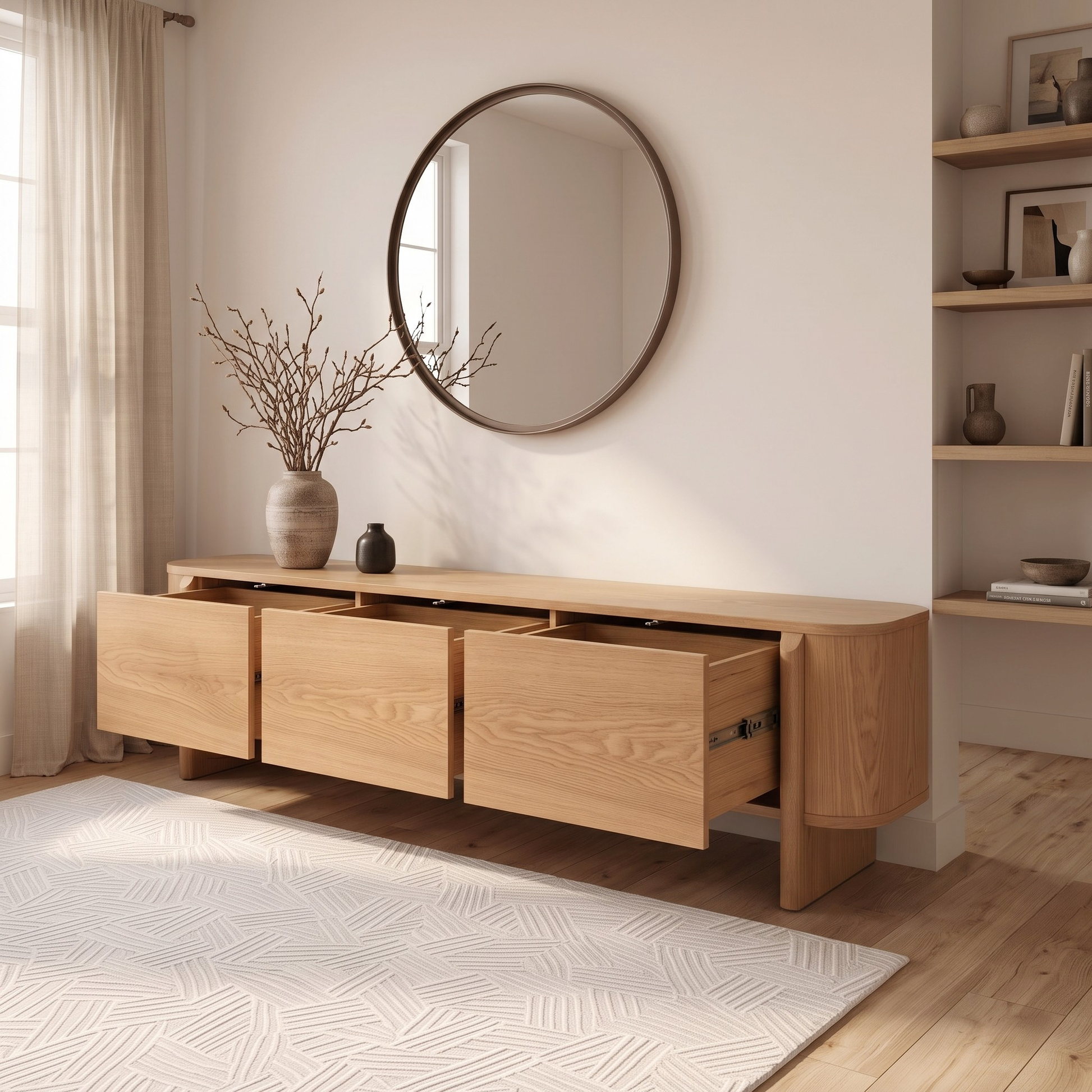Light wood sideboard with open drawers in a warm, styled room setting