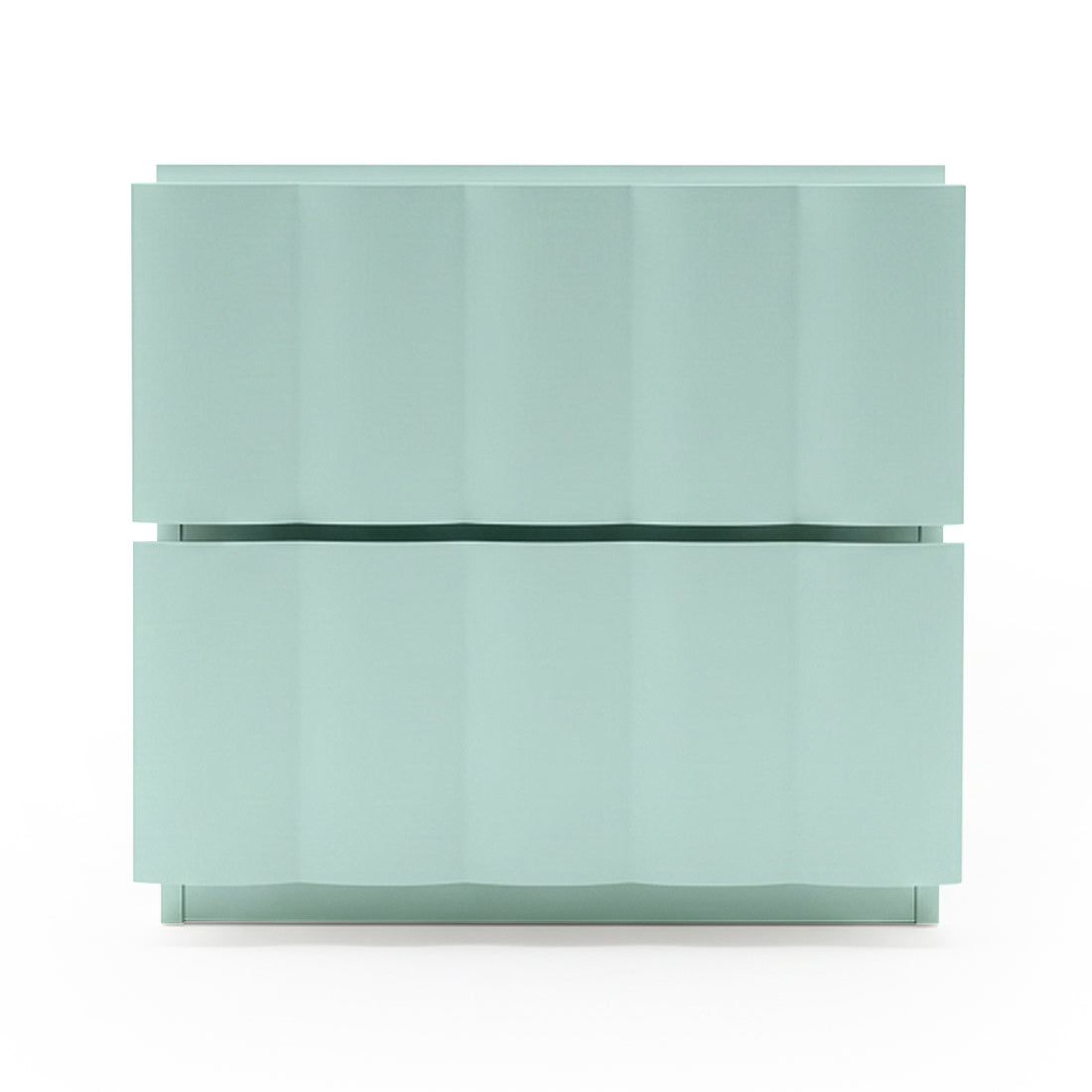 Pastel blue two-drawer nightstand with wavy front on white background