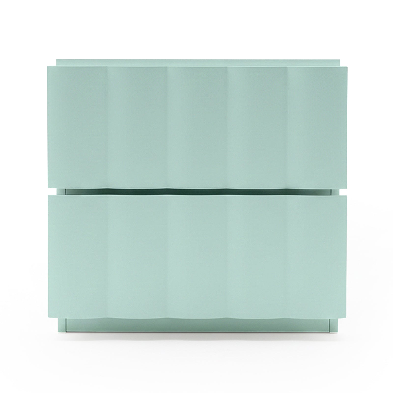 Pastel blue two-drawer nightstand with wavy front on white background