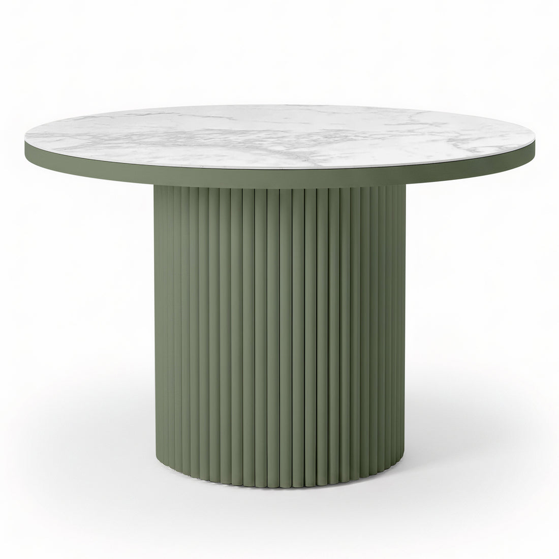 Evone 4 Seater Stone Outdoor Dining Table Set features a round white marble top with gray veining, paired with a fluted olive-green pedestal base, embodying modern elegance for alfresco dining.