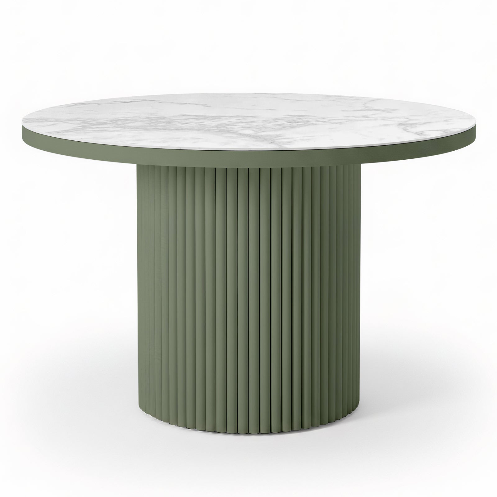 Evone 4 Seater Stone Outdoor Dining Table Set features a round white marble top with gray veining, paired with a fluted olive-green pedestal base, embodying modern elegance for alfresco dining.