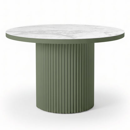Evone 4 Seater Stone Outdoor Dining Table Set features a round white marble top with gray veining, paired with a fluted olive-green pedestal base, embodying modern elegance for alfresco dining.