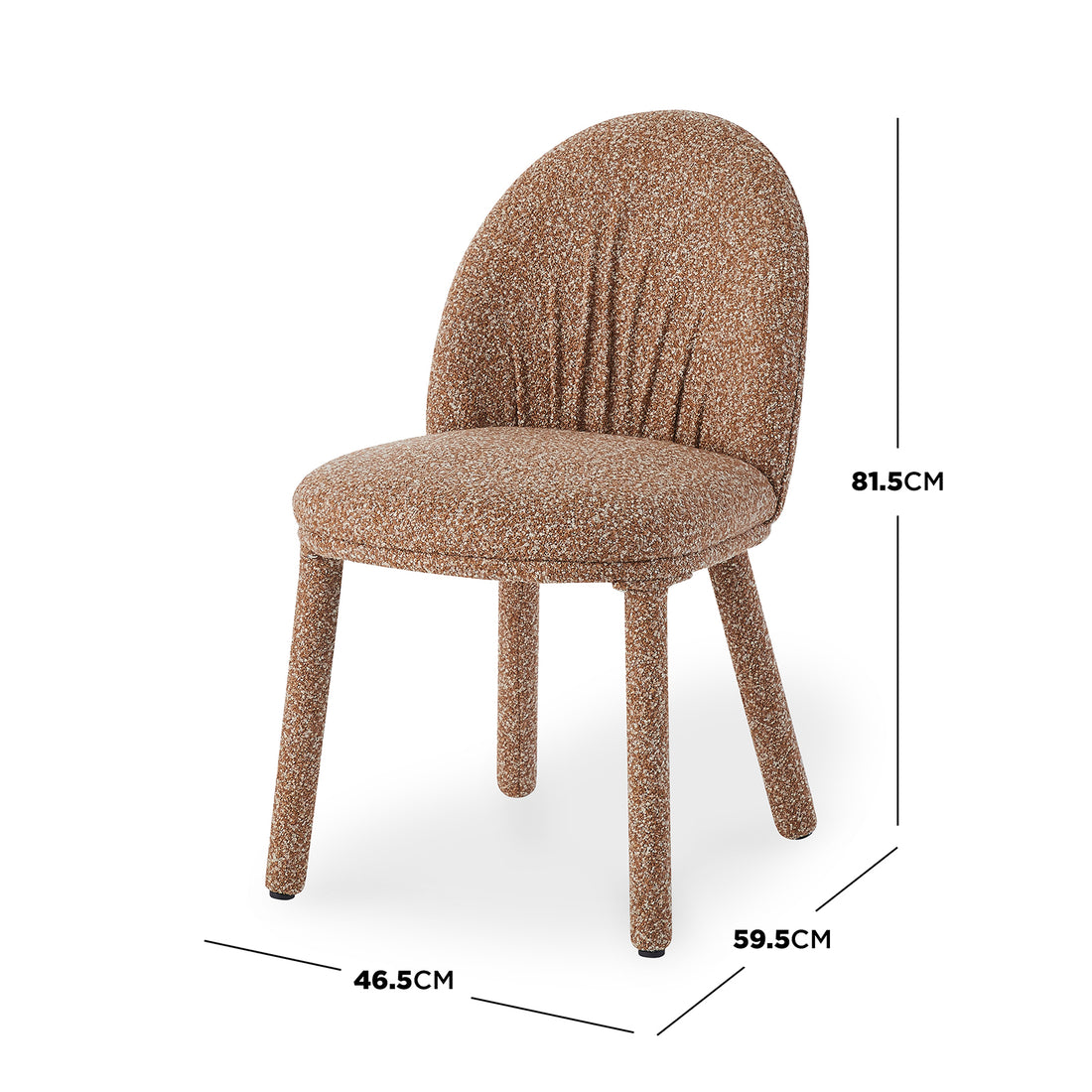 Joren Boucle Arched Dining Chair Set of 2 in Coral features a speckled brown boucle fabric, rounded backrest, and padded legs, highlighting its compact, modern design with visible dimensions: 81.5cm tall, 46.5cm wide.
