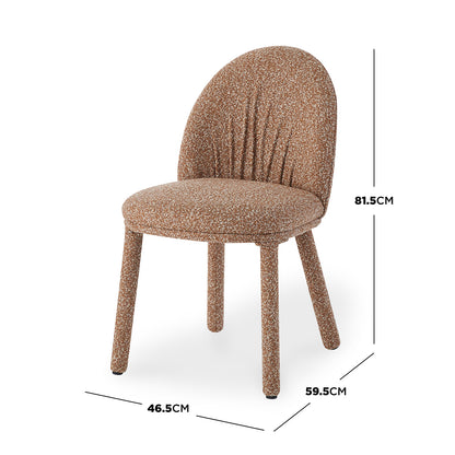 Joren Boucle Arched Dining Chair Set of 2 in Coral features a speckled brown boucle fabric, rounded backrest, and padded legs, highlighting its compact, modern design with visible dimensions: 81.5cm tall, 46.5cm wide.