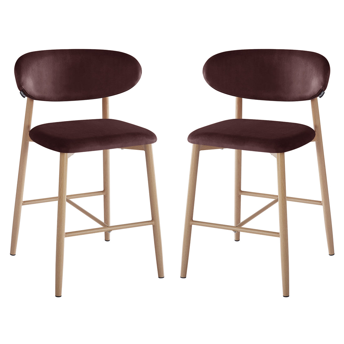 Audrey Fabric Upholstered Barstool Set of 2 in Dark Plum, featuring light wood frames, padded seats, and curved backrests upholstered in dark brown fabric, offering chic comfort and modern style for your kitchen.