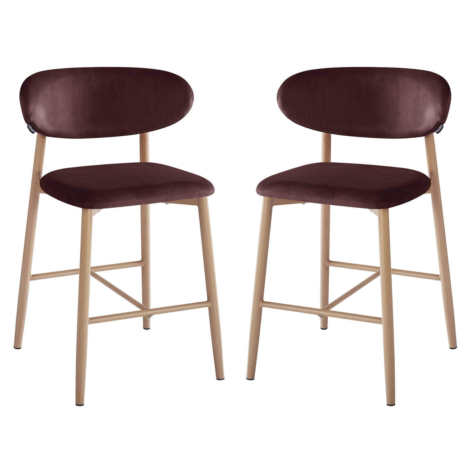 Audrey Fabric Upholstered Barstool Set of 2 in Dark Plum, featuring light wood frames, padded seats, and curved backrests upholstered in dark brown fabric, offering chic comfort and modern style for your kitchen.