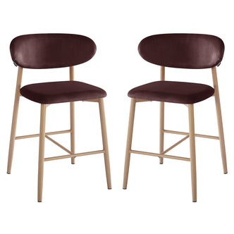 Audrey Fabric Upholstered Barstool Set of 2 in Dark Plum, featuring light wood frames, padded seats, and curved backrests upholstered in dark brown fabric, offering chic comfort and modern style for your kitchen.