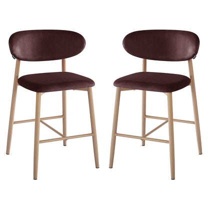 Audrey Fabric Upholstered Barstool Set of 2 in Dark Plum, featuring light wood frames, padded seats, and curved backrests upholstered in dark brown fabric, offering chic comfort and modern style for your kitchen.