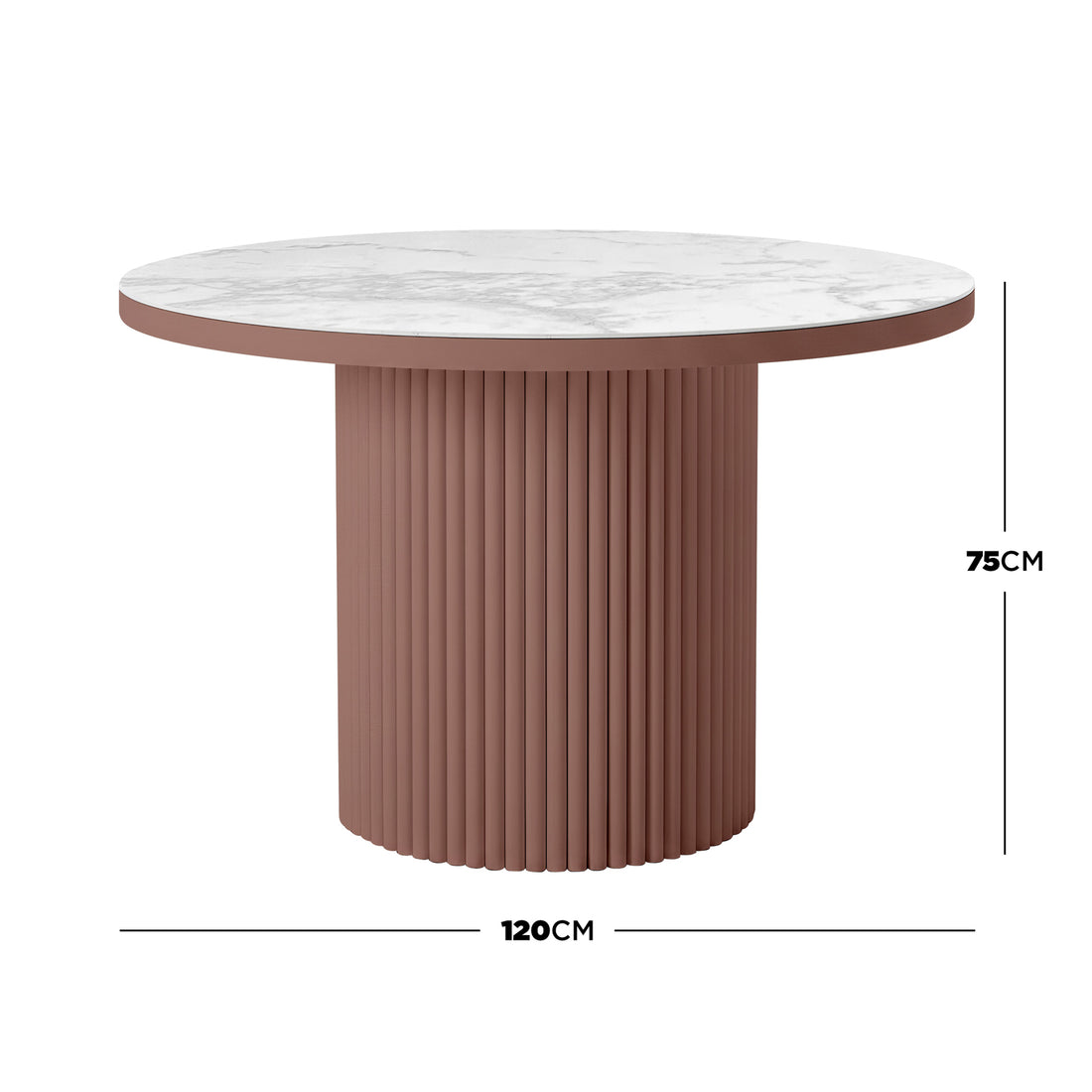 Evone Aluminium Outdoor Dining Table features a round, white marble-effect top and a terracotta fluted base, measuring 120 cm wide by 75 cm tall, ideal for stylish outdoor entertaining.