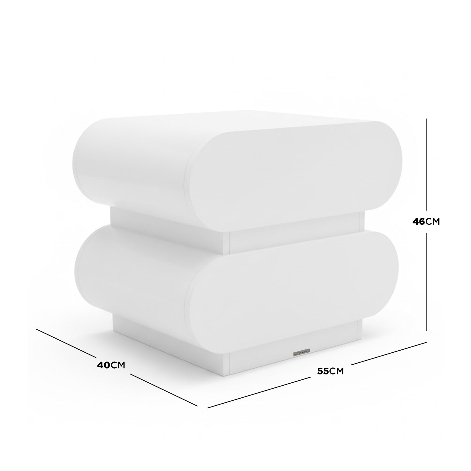 Ardenne 55cm Curved Bedside Table With Drawers in White, featuring two oversized pill shapes, narrow central plinth, sleek white finish, and two drawers, sized for compact, modern bedroom spaces.