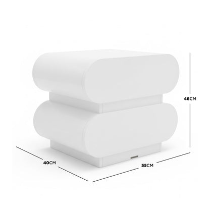 Ardenne 55cm Curved Bedside Table With Drawers in White, featuring two oversized pill shapes, narrow central plinth, sleek white finish, and two drawers, sized for compact, modern bedroom spaces.
