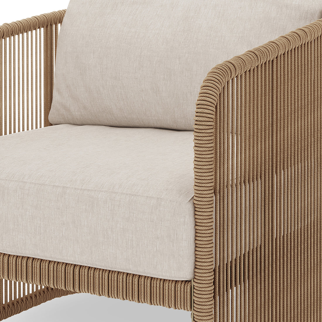 Solari 4 Seater Wicker Outdoor Sofa Set in Natural features a woven-rope armchair with a textured frame, light beige upholstered seat, and back cushions, embodying resort-style comfort and durability.