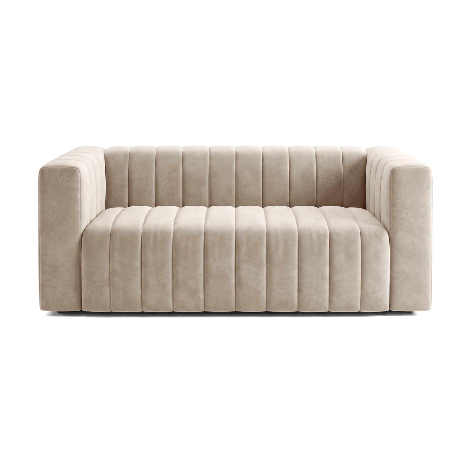Modern beige sofa fully shown on a white background