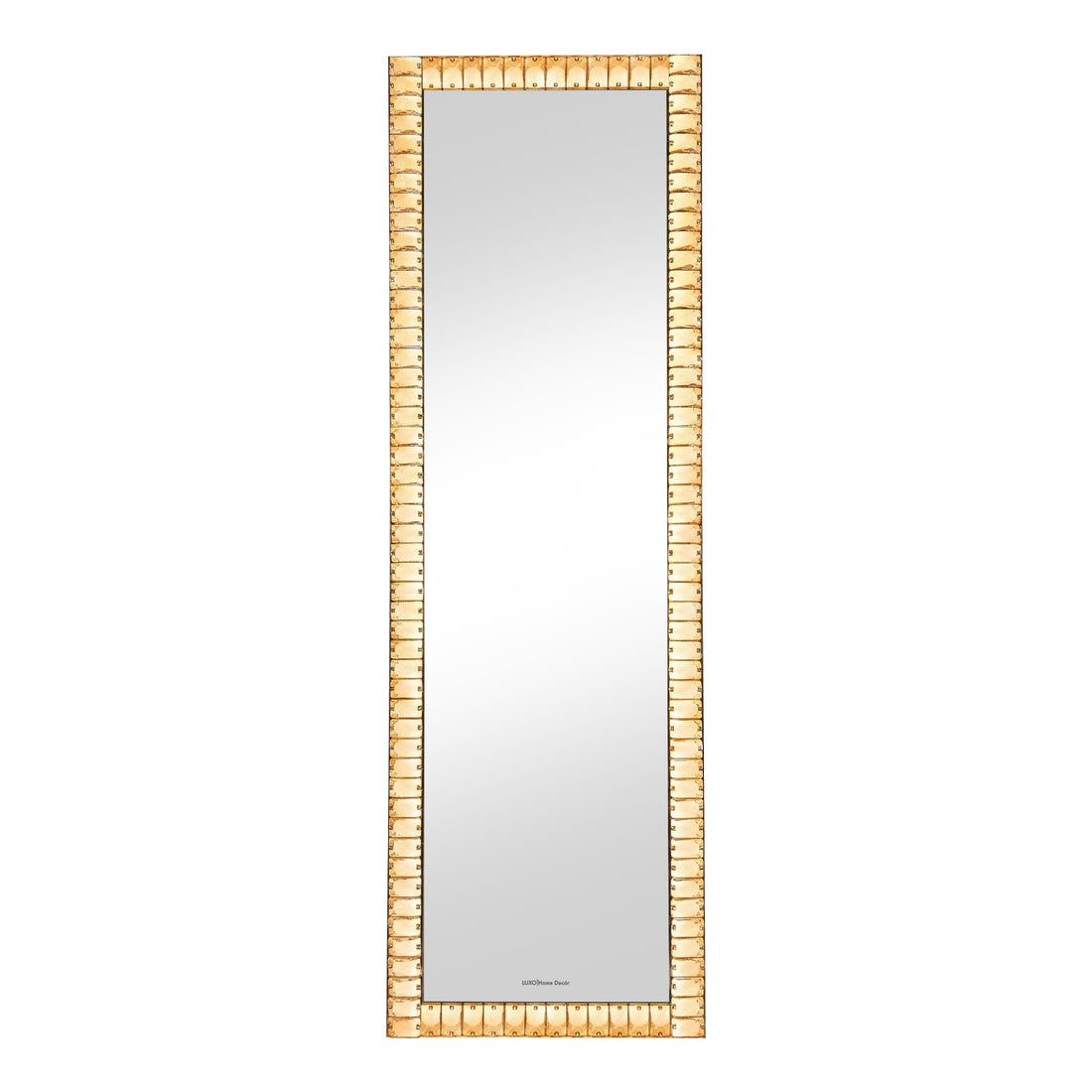 Full-length mirror with ribbed gold frame on white background