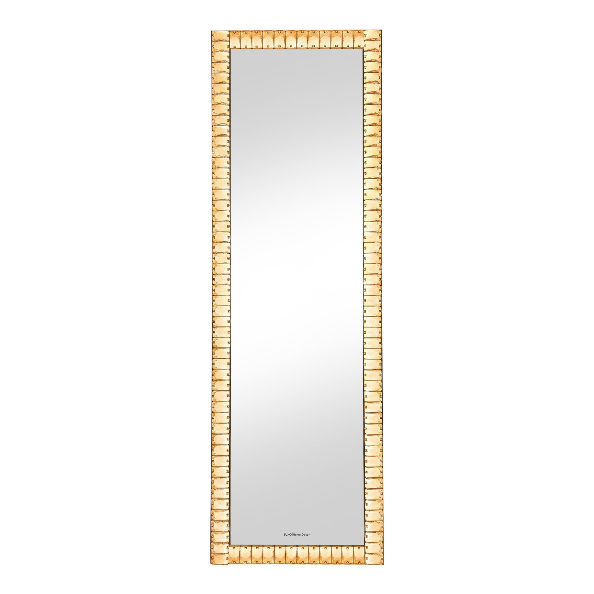 Full-length mirror with ribbed gold frame on white background