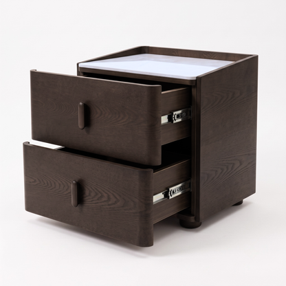 Dark wood nightstand with two open drawers on a white background.