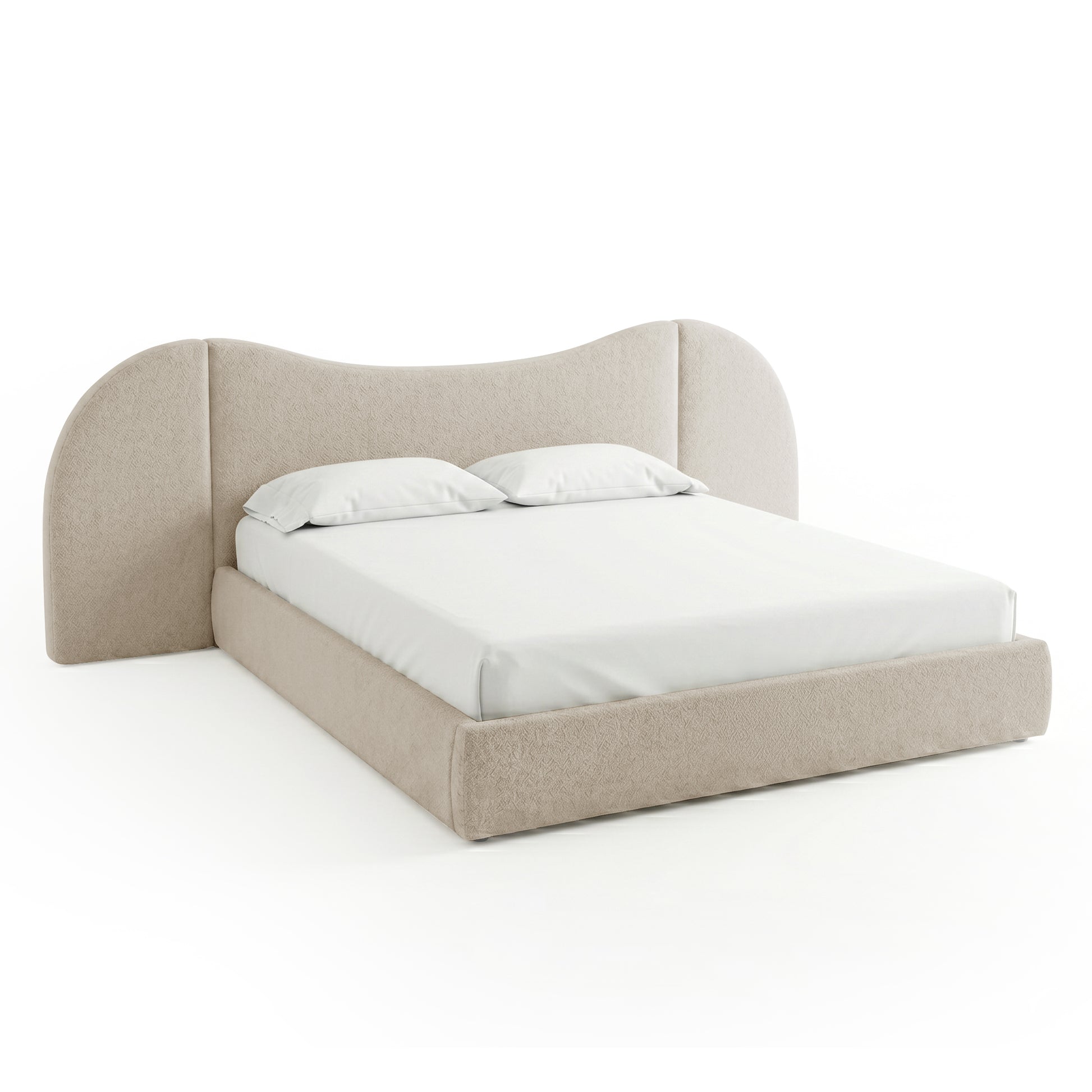 Modern upholstered bed with curved headboard on white background