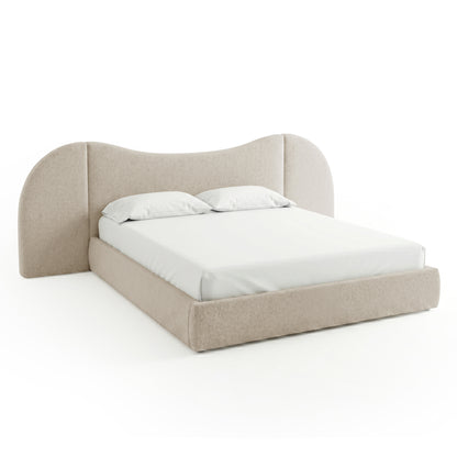 Modern upholstered bed with curved headboard on white background