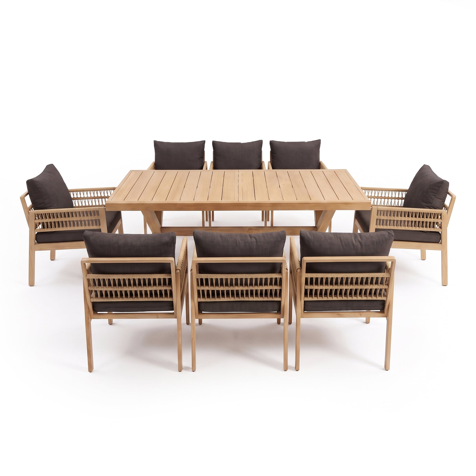 Eight-piece outdoor dining set with wooden table and cushioned chairs on white background