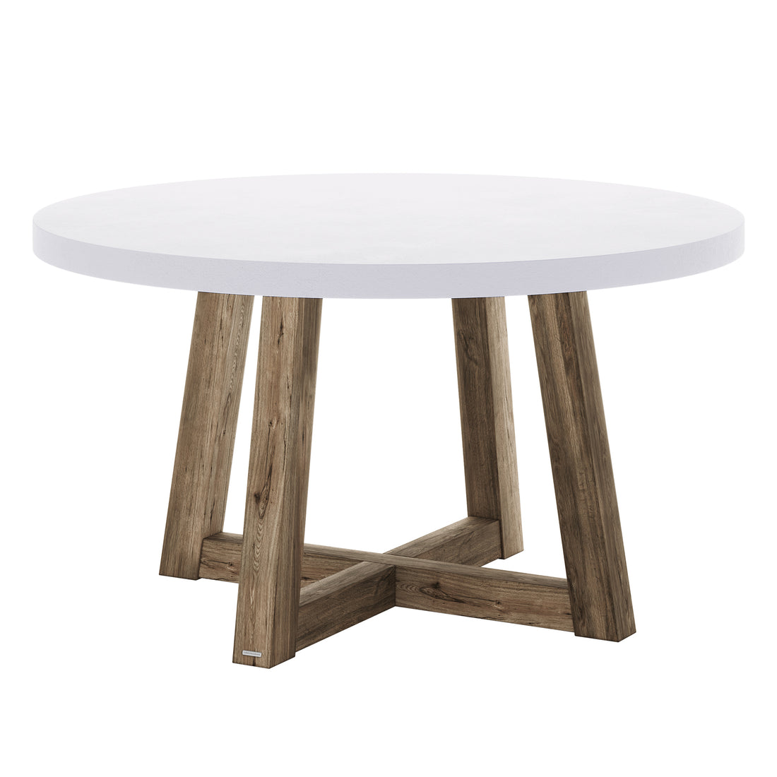 Magnus Hardwood and Concrete Outdoor Dining Table features a smooth white round concrete top on an “X”-style acacia wood base, designed for stylish and sturdy alfresco dining.