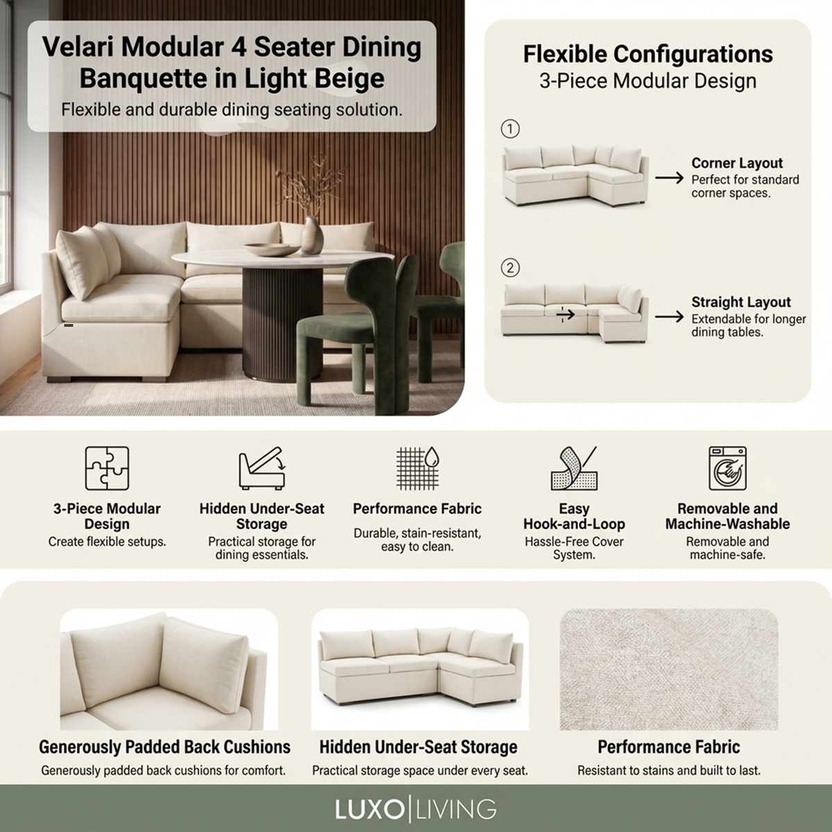 Cream modular dining bench shown in a modern dining room with configuration and feature callouts