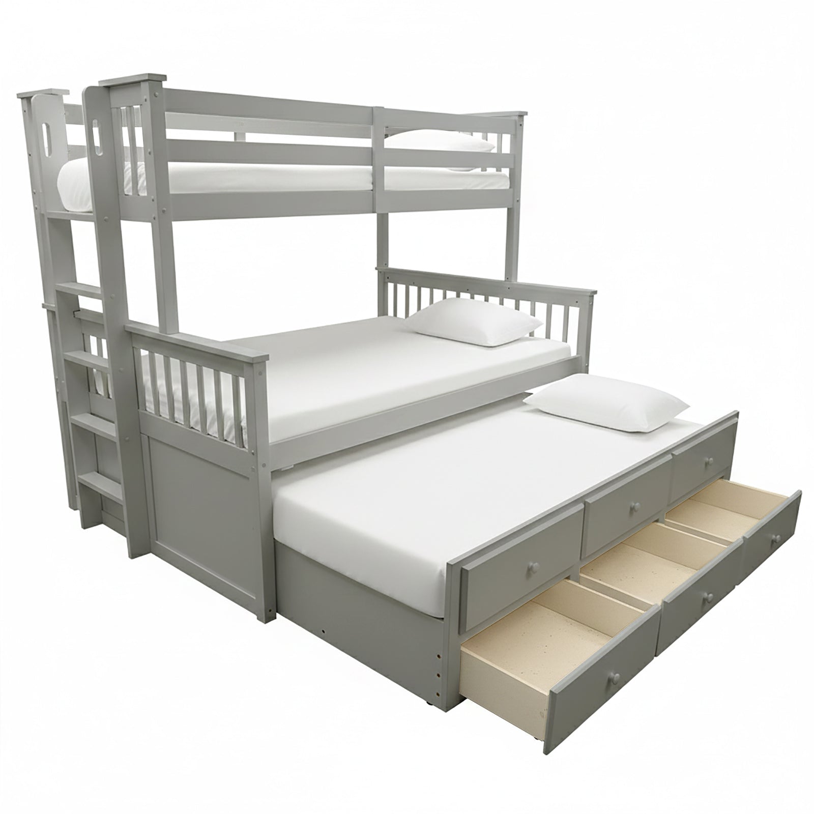Grey wooden bunk bed with twin top, full bottom, bedding, ladder, and pull-out storage drawers on white background