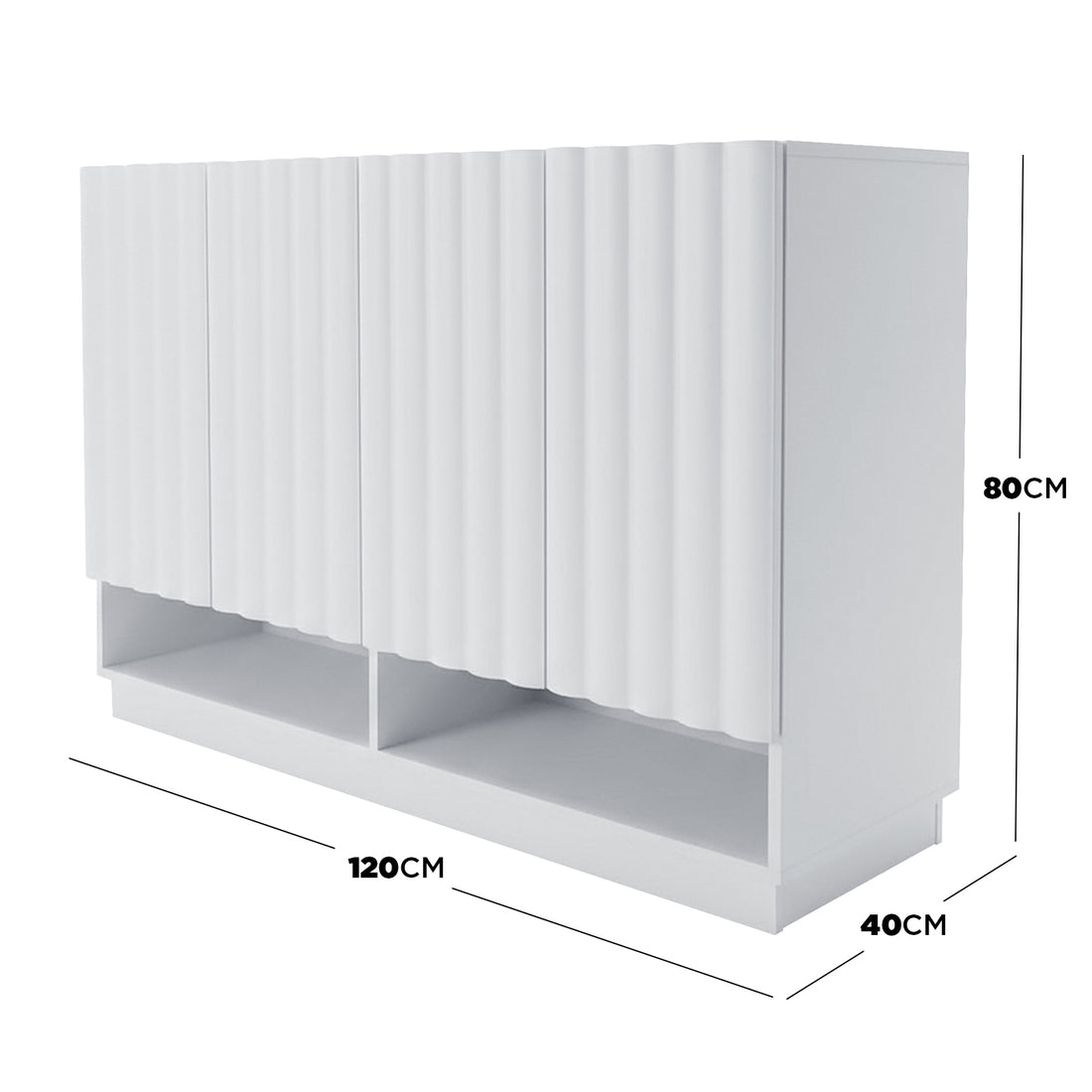 White storage cabinet with dimension lines showing width 120 cm, depth 40 cm, height 80 cm on a white background