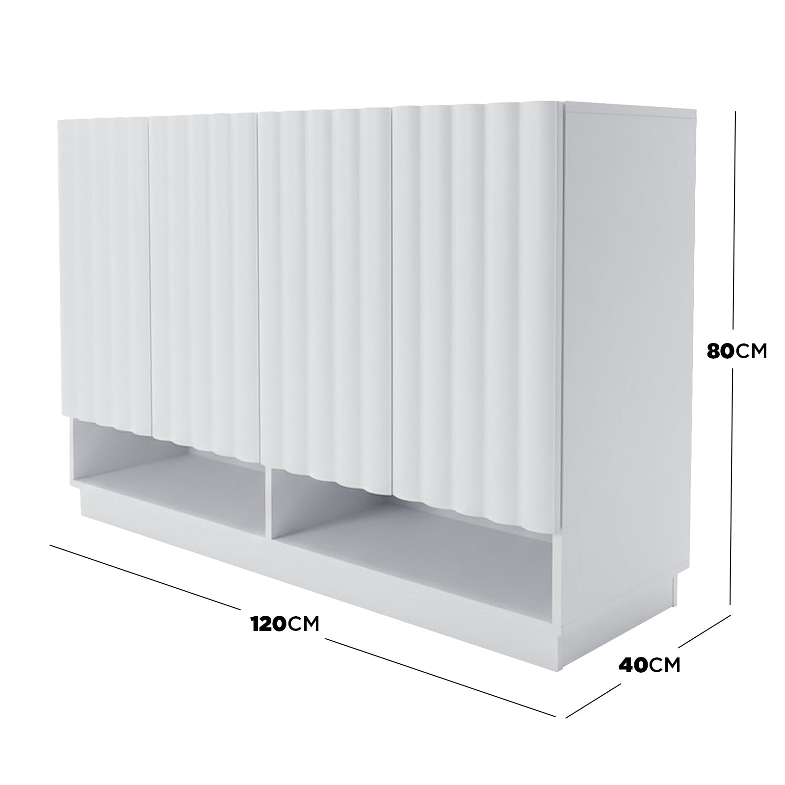 White storage cabinet with dimension lines showing width 120 cm, depth 40 cm, height 80 cm on a white background