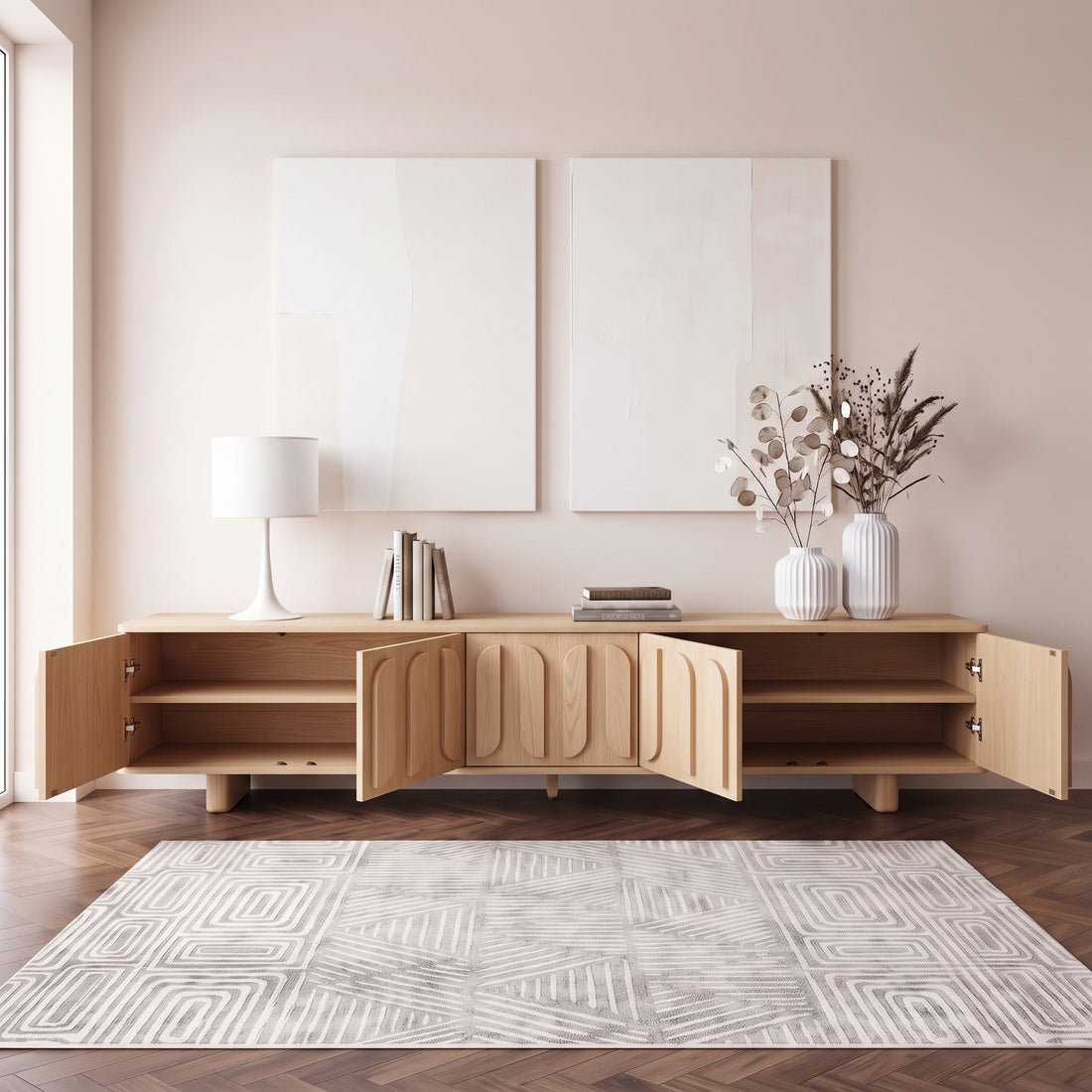 Light wood sideboard styled in a contemporary living room