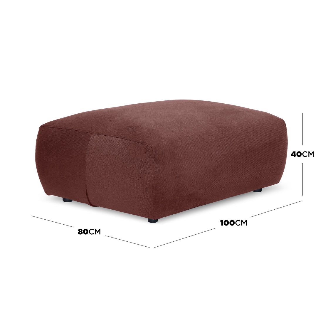 Rust-colored ottoman with dimension lines showing width 100 cm, depth 80 cm, height 40 cm