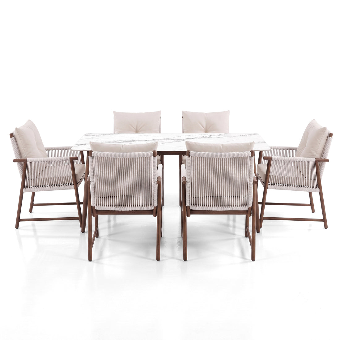 Complete modern dining set with table and six cushioned chairs on a white background
