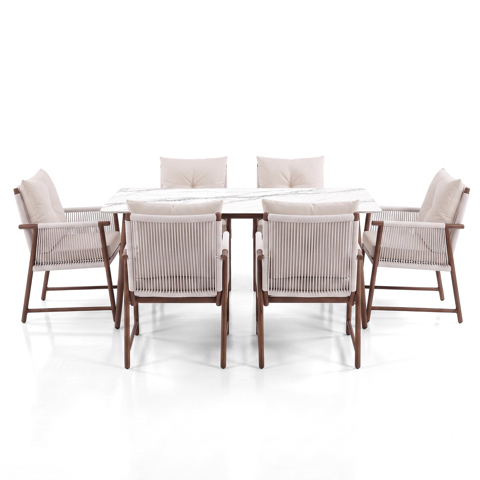 Complete modern dining set with table and six cushioned chairs on a white background