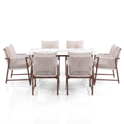 Complete modern dining set with table and six cushioned chairs on a white background