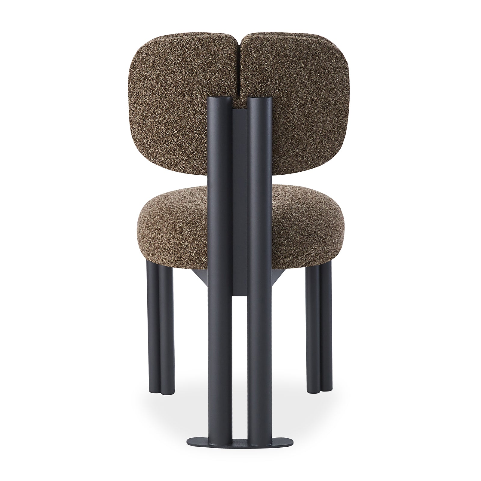 Norii Boucle Fabric Dining Chair in Rust Brown, featuring a curved split-backrest, textured bouclé upholstery, and black-powder-coated steel frame with sleek, sculptural design.