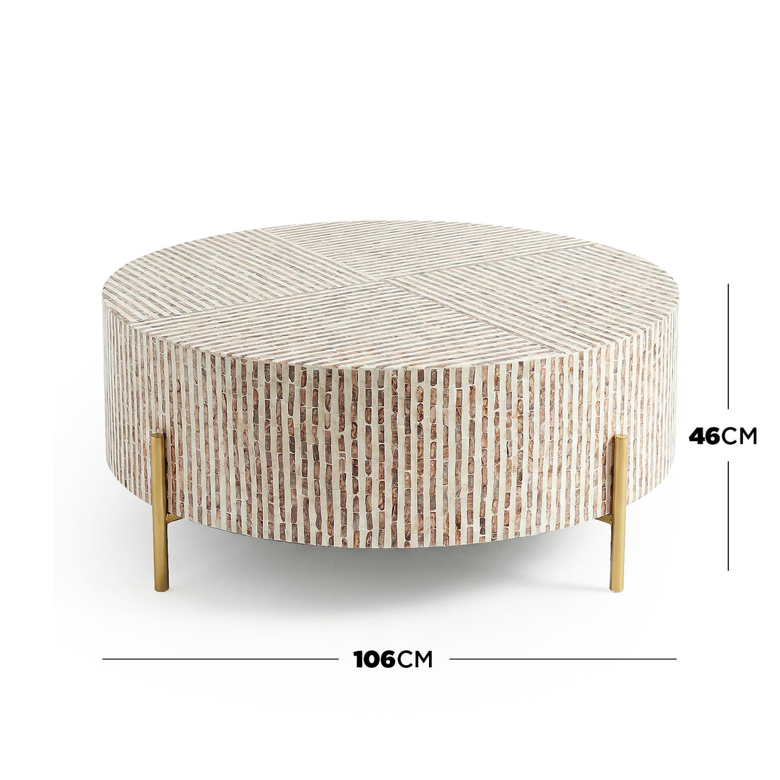 Round coffee table on white background with dimension lines indicating 106 cm diameter and 46 cm height