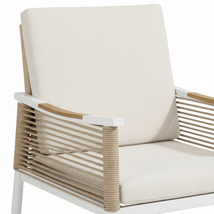 Casara 7 Piece Outdoor Dining Set in White & Beige, featuring a sleek, modern armchair with a white metal frame, cream-beige cushions, natural-tone rope detailing, and wooden arm accents.