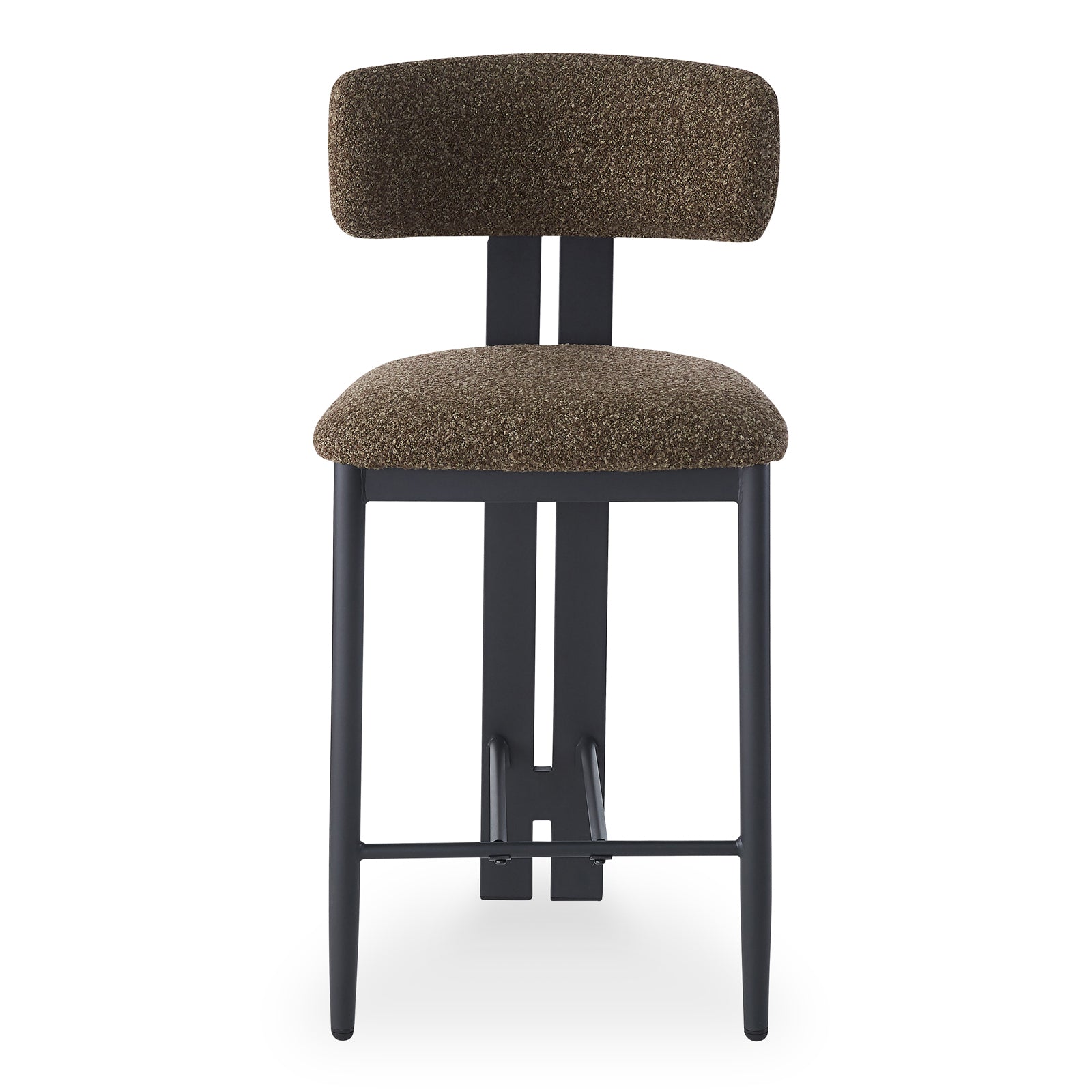 Haleo Curved Boucle Fabric Barstool Set of 2 showcases a modern design with a curved upholstered backrest, textured seat, and matte black metal legs, featuring a footrest for added comfort.