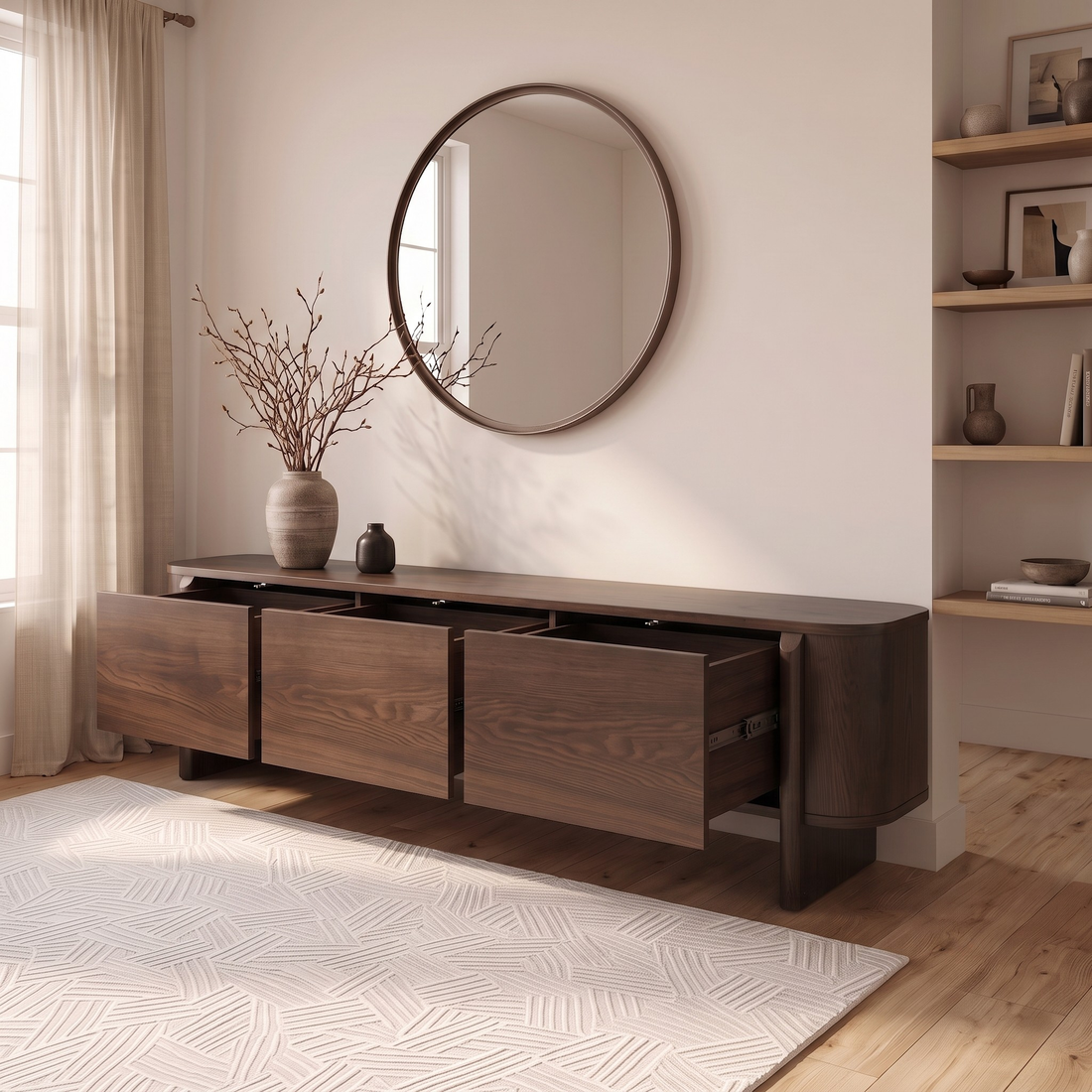 Dark wood sideboard with open doors in a styled sunlit room.