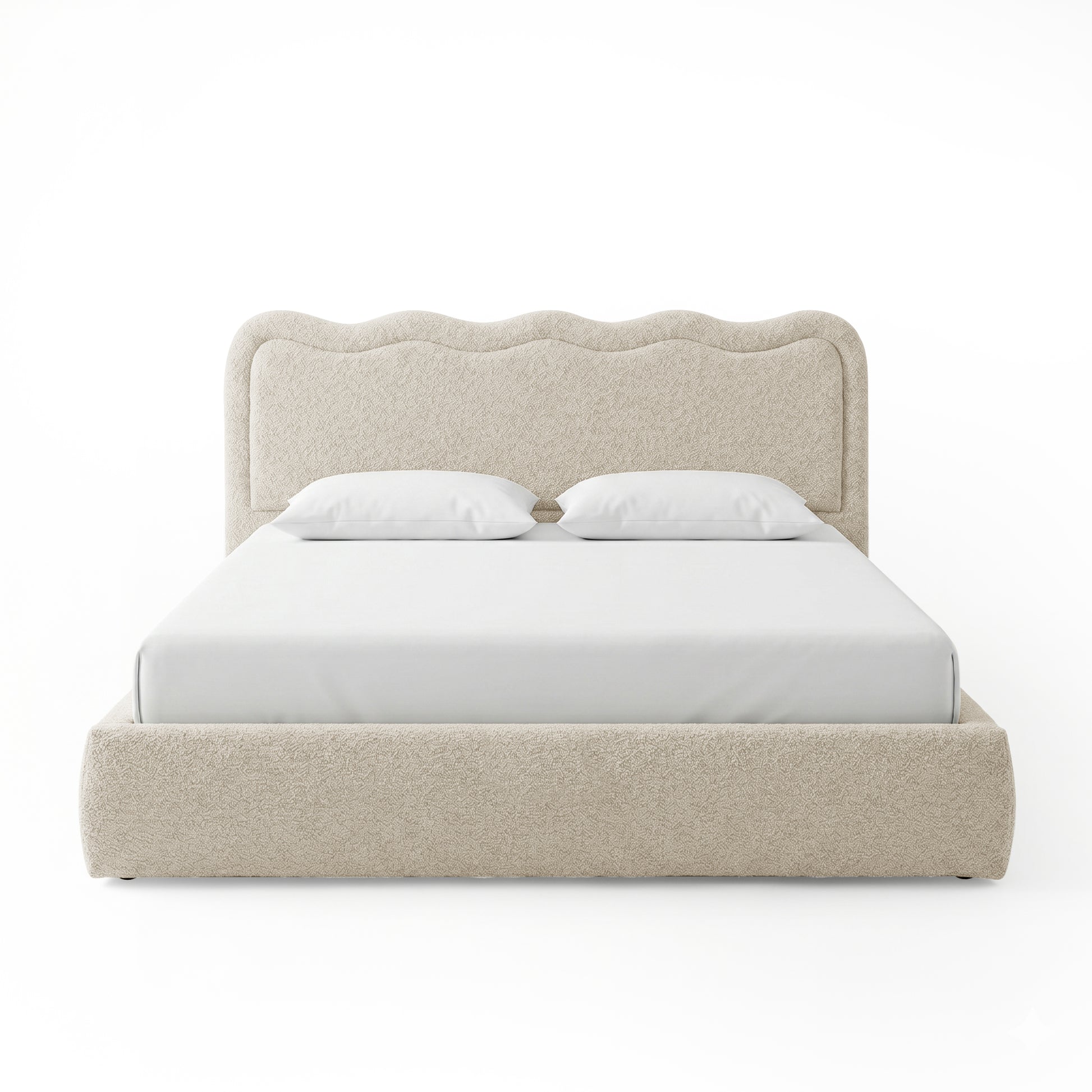 Front view of upholstered bed frame with wavy headboard