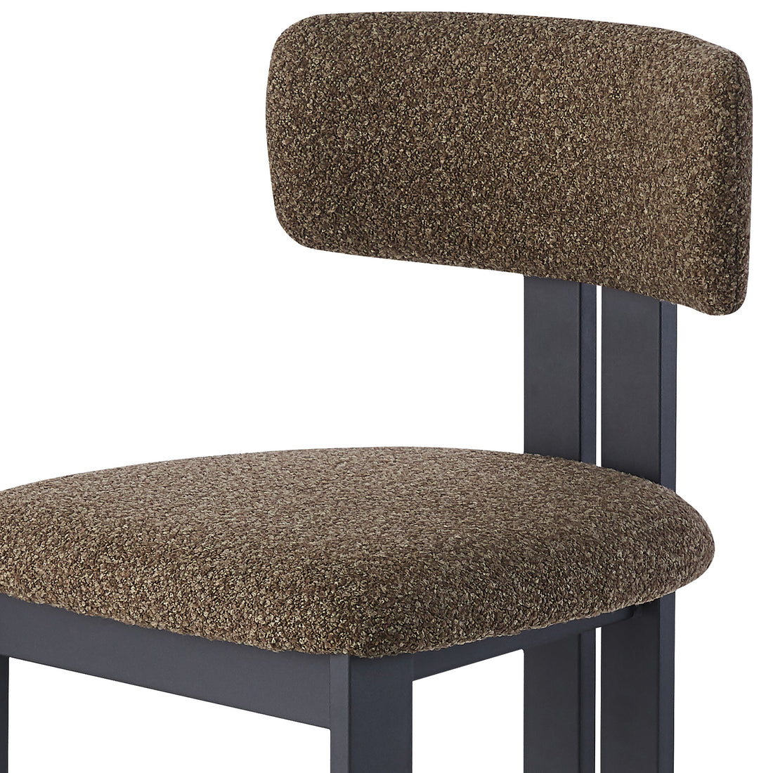 Haleo Curved Boucle Dining Chair Set of 2 in Rust Brown features a dark matte frame with padded seat and narrow backrest, upholstered in textured bouclé fabric, highlighting modern design and comfort.