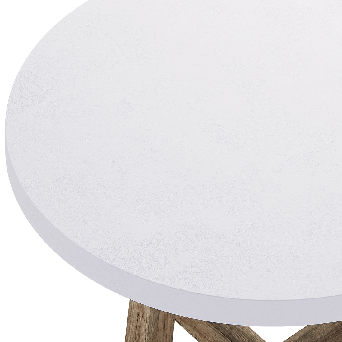 Magnus Hardwood and Concrete Outdoor Dining Table features a textured white round tabletop with visible intersecting wooden legs, showcasing its blend of solid concrete and warm timber design.