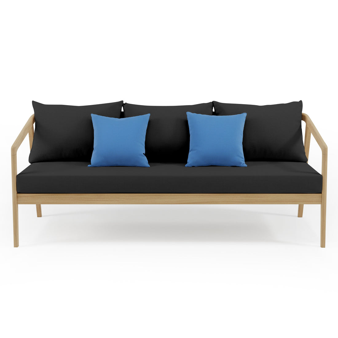 Delva 4 Seater Hardwood Acacia Outdoor Sofa Set in Black, featuring a minimalist design with a light wood frame, black cushions, and bright blue throw pillows, perfect for stylish outdoor lounging.