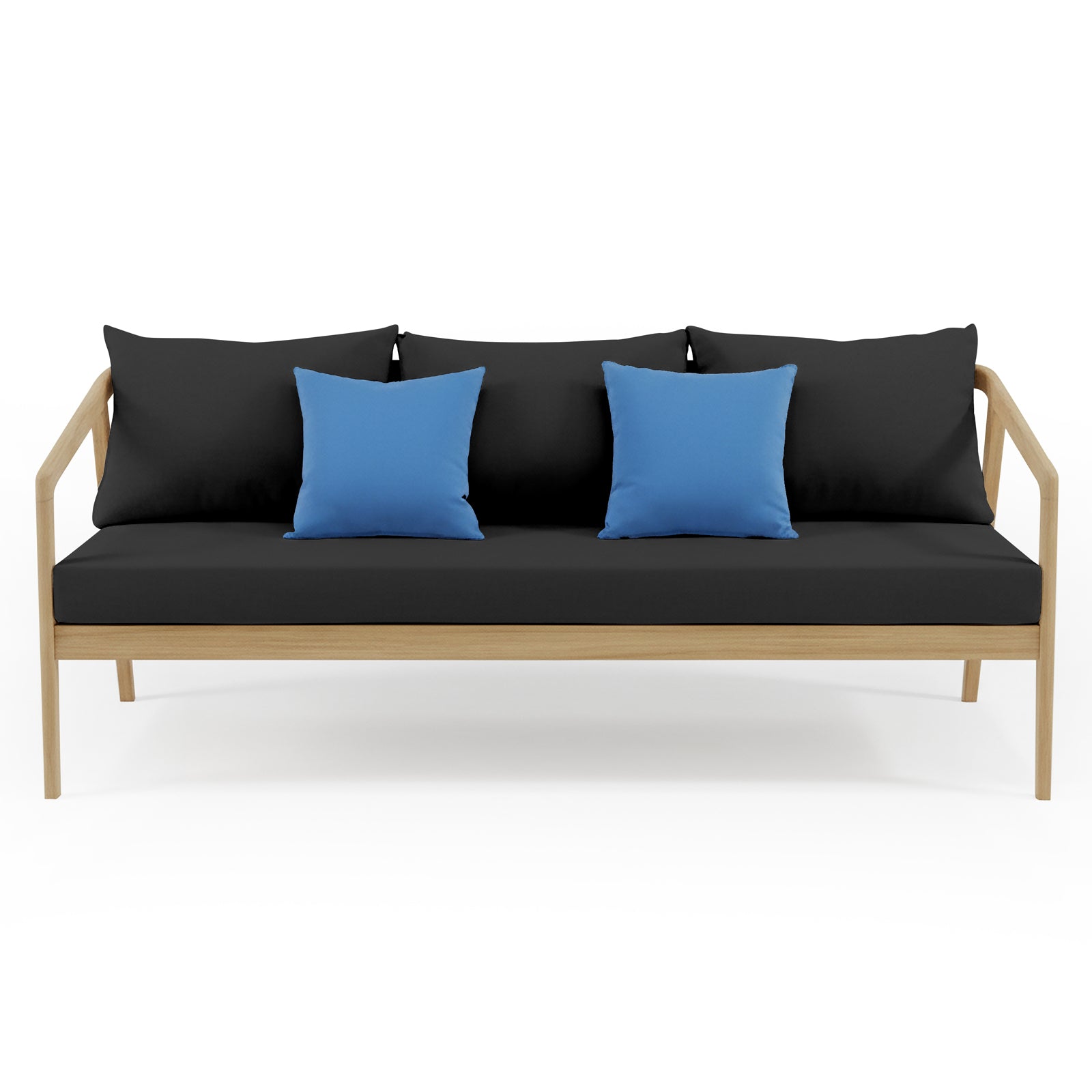 Delva 4 Seater Hardwood Acacia Outdoor Sofa Set in Black, featuring a minimalist design with a light wood frame, black cushions, and bright blue throw pillows, perfect for stylish outdoor lounging.