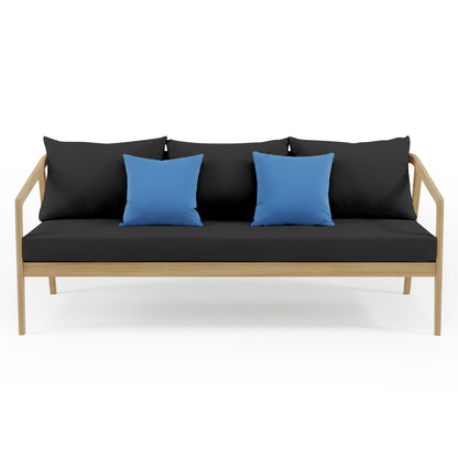 Delva 4 Seater Hardwood Acacia Outdoor Sofa Set in Black, featuring a minimalist design with a light wood frame, black cushions, and bright blue throw pillows, perfect for stylish outdoor lounging.