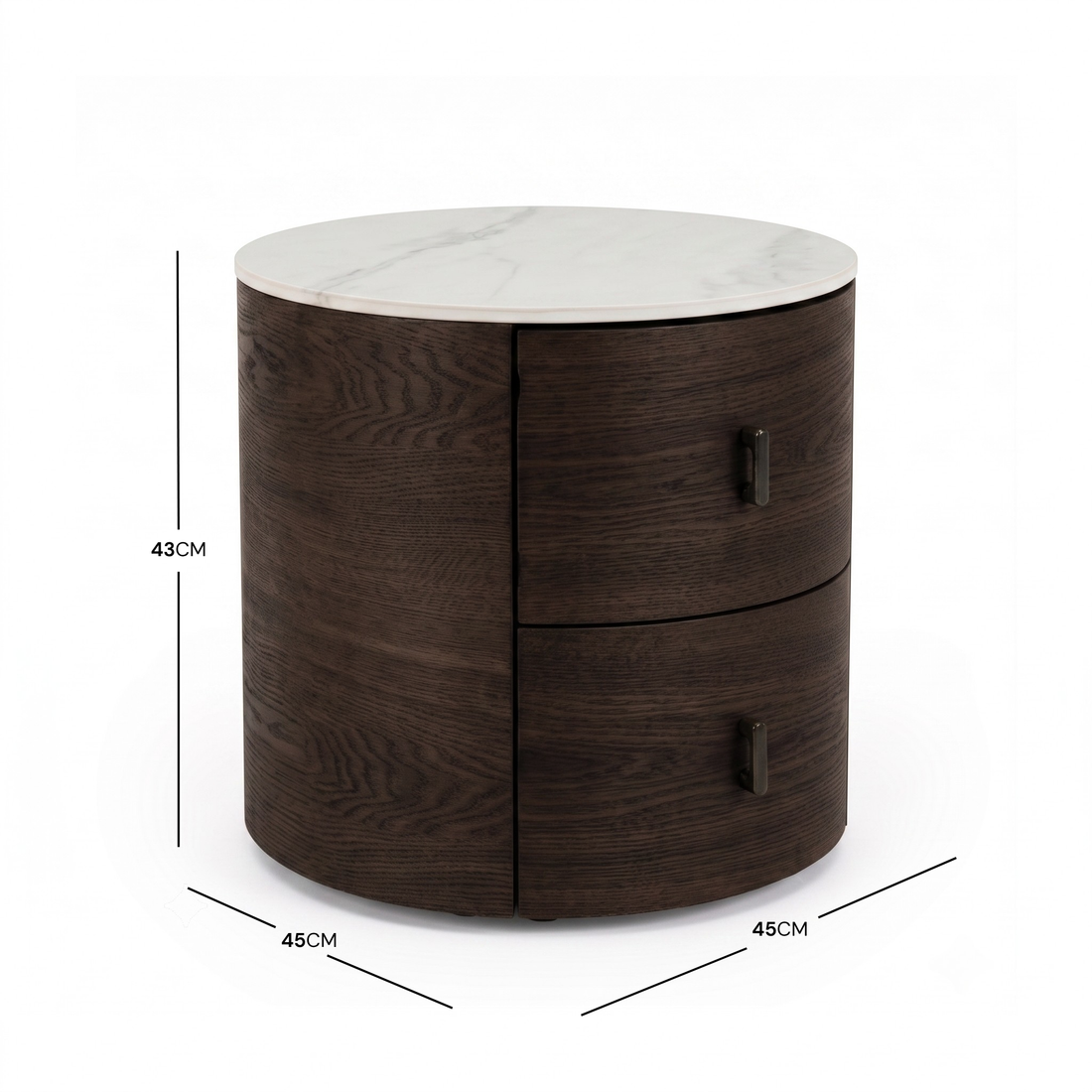 Round dark wood nightstand with white marble top and two drawers, shown on a white background with dimensions.