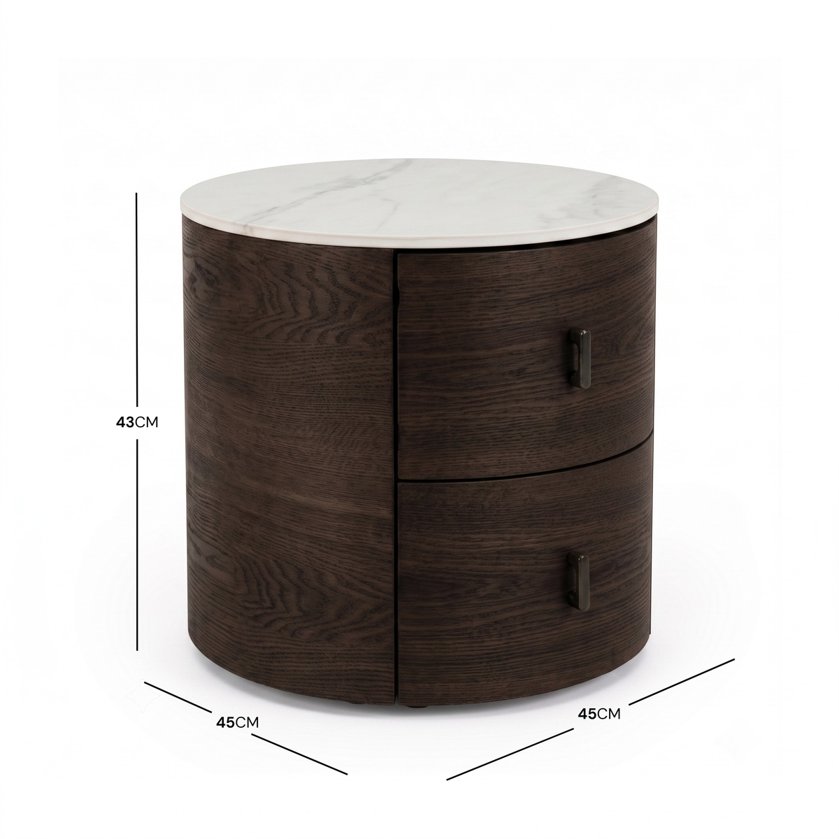 Round dark wood nightstand with white marble top and two drawers, shown on a white background with dimensions.